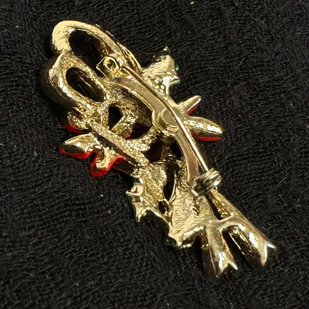 Vintage Gerrys‎ Christmas Brooch Poinsettia Holly Bow Gold Tone